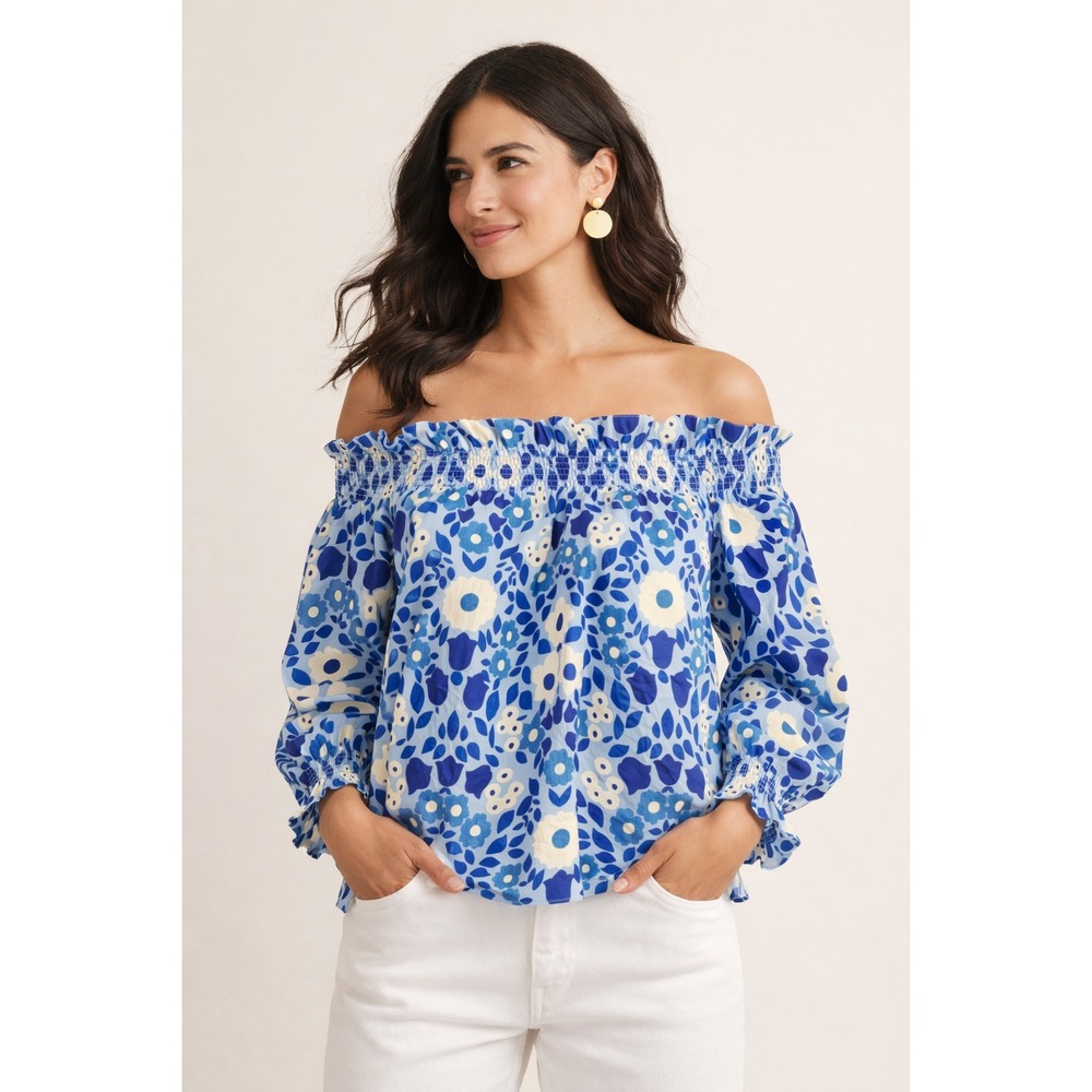 ✨ Tuckernuck Blue Majolica Marguerite Off-Shoulder Blouse‎ – XS